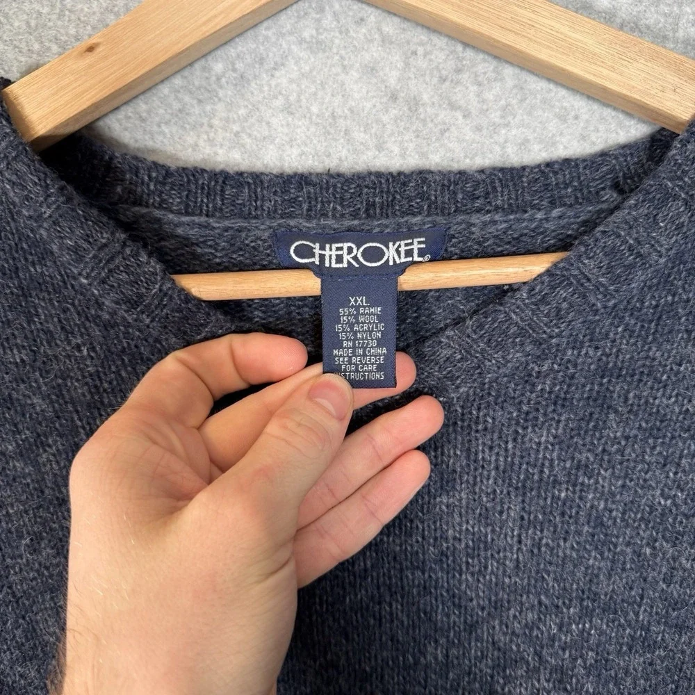 Vintage‎ Cherokee Wool Sweater Mens XXL Navy Blue V Neck